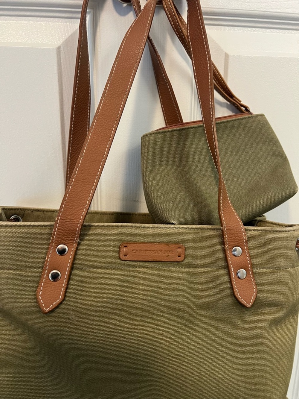 Caribbean Joe Olive Green Canvas Tote with Brown Handles
